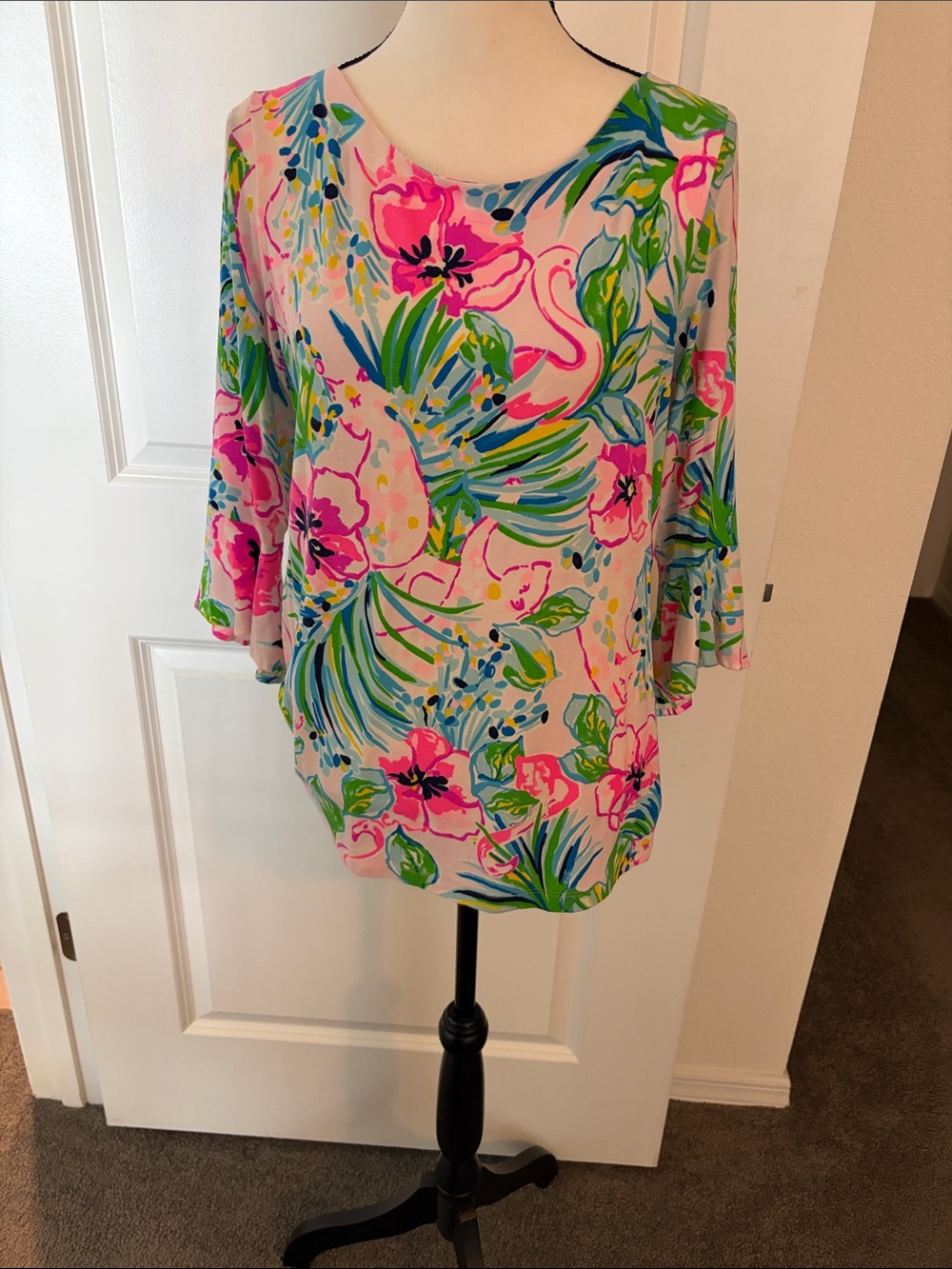 Lilly Pulitzer Fontaine Bright Floral Bell-Sleeve Tunic - Pink, Green & Blue
